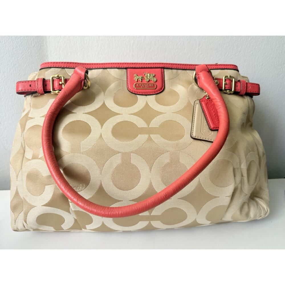 Coach 22344 Signature Jacquard Tote Bag Beige Coral Leather Large Purse
